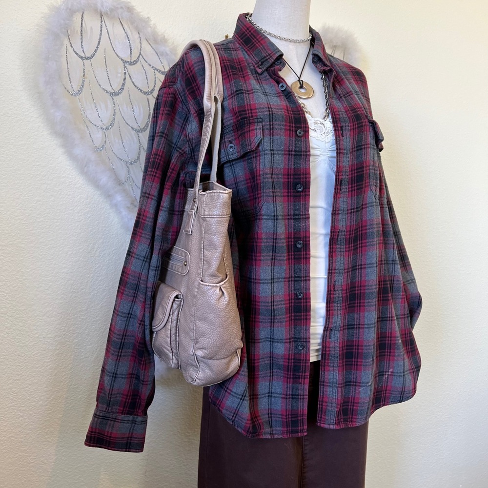 Indie Skater Grunge Oversized Shirt Button Up Long Sleeve Grey Red Flannel Baggy - Picture 4 of 8
